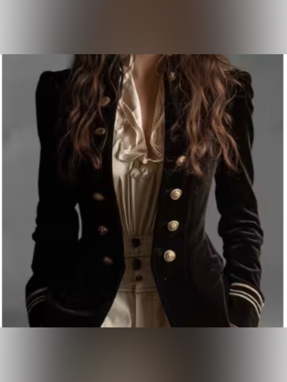 NEW.  Classic Black Military-Style Women’s Velveteen Jacket with Gold Buttons.